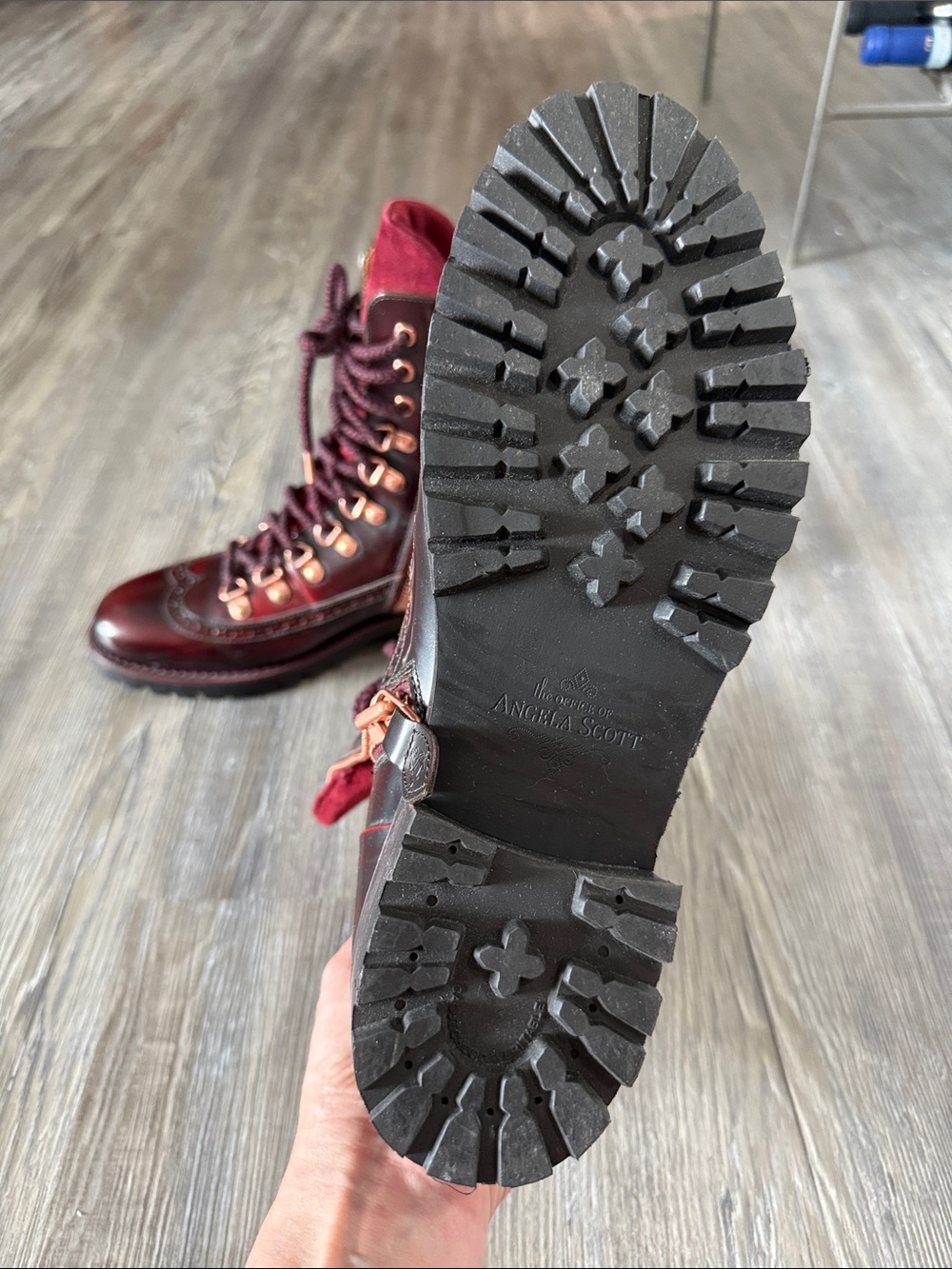 Women's Burgundy Lace-Up Wingtip Boots with Contrast Suede Tongue - Picture 5 of 8